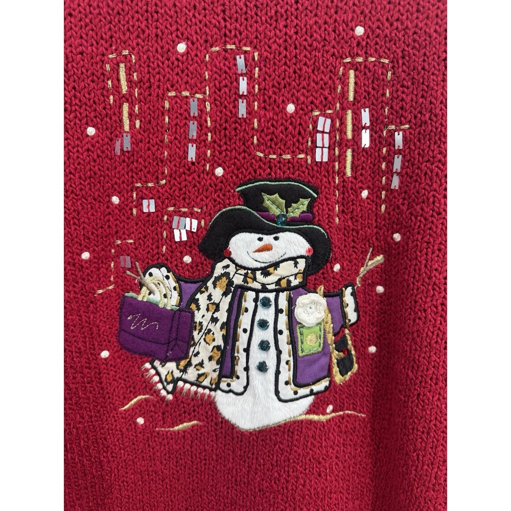 Womens Red Snowman Knit Sweater 1X Holiday Winter Hand Embroidered Sparkle